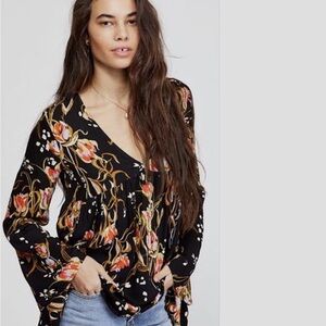 Free People Black Floral V-Neck Blouse